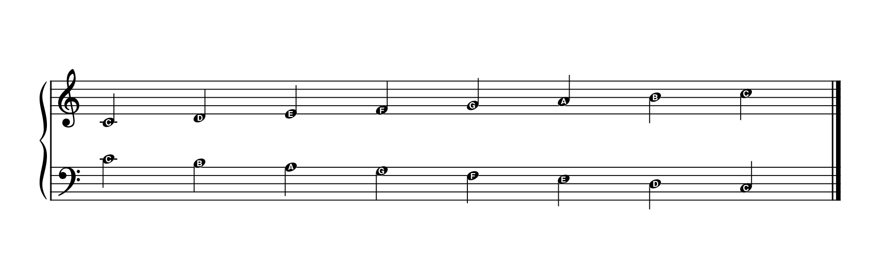 The grand staff with the names and positions of notes in the C major scale.