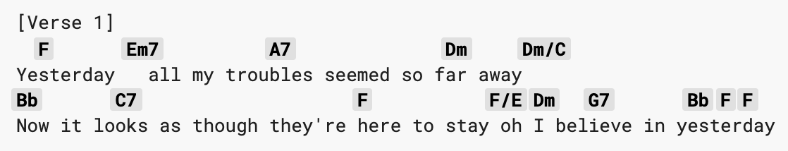 Excerpt of chord chart of "yesterday" by the Beatles showing major, minor, and seventh chords.