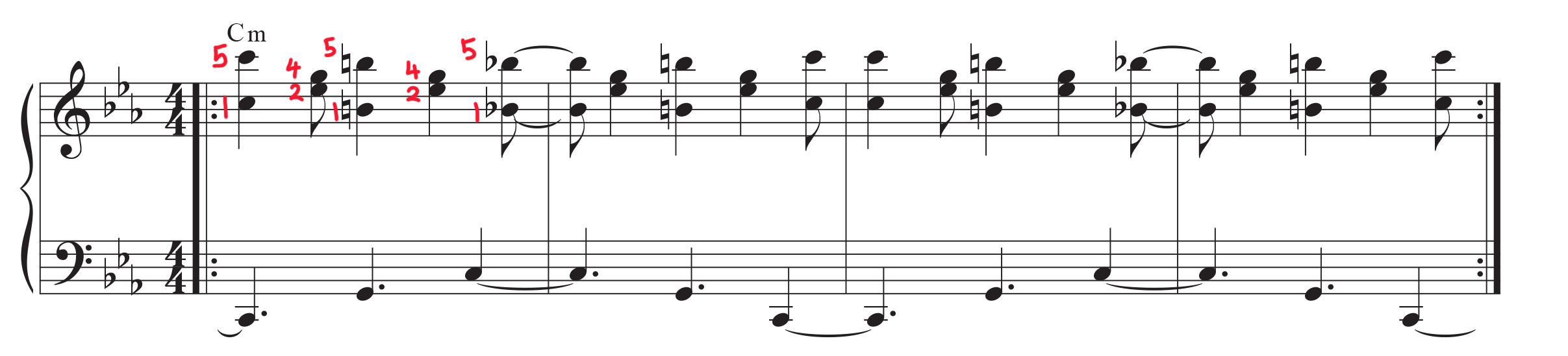 Piano montuno octaves version sheet music with fingering added: 1-5 for octave and 2-4 for inner voices.