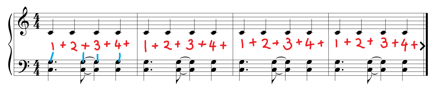 Sheet music for piano exercise no. 2 with mark-up. Counting is added and matched to respective notes.