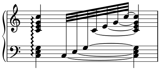 arpeggio example: C major chord with the arpeggio symbol and broken apart into 16th notes.