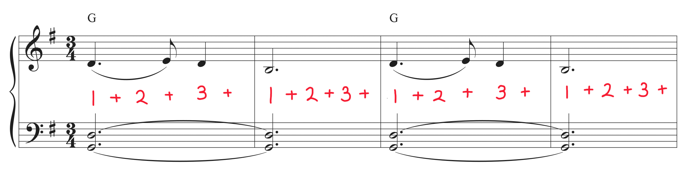 Silent night piano sheet music with counting 1 + 2 + 3 +