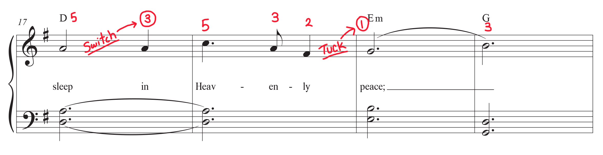 Silent Night piano sheet music m. 17-20 with fingering markings.