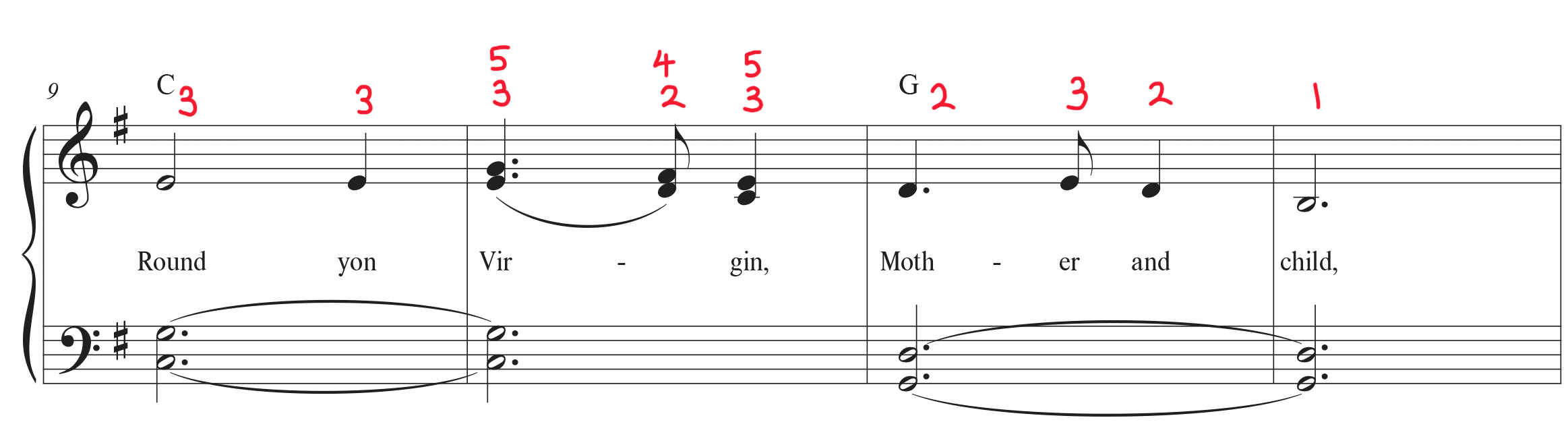 Silent Night piano sheet music m. 9-12 with fingering markings.