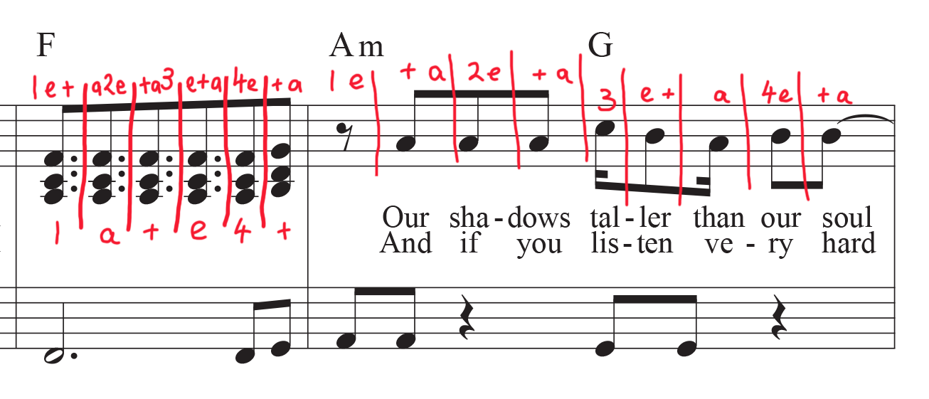 Stairway to Heaven sheet music with counting mark-up on dotted eighth notes