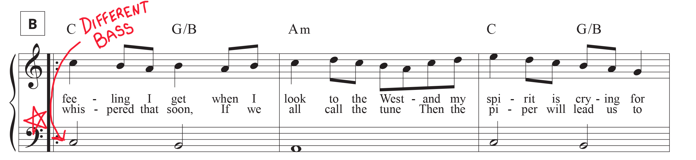 Stairway to Heaven section B sheet music mark-up of different bass line.