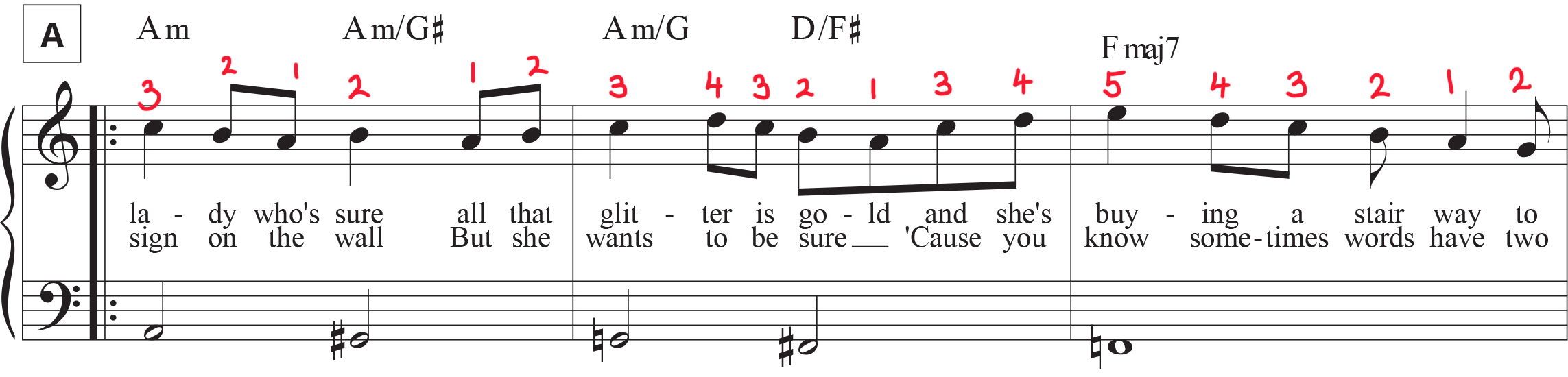 "Stairway to Heaven" sheet music mark-up of Section A with fingering in right hand.