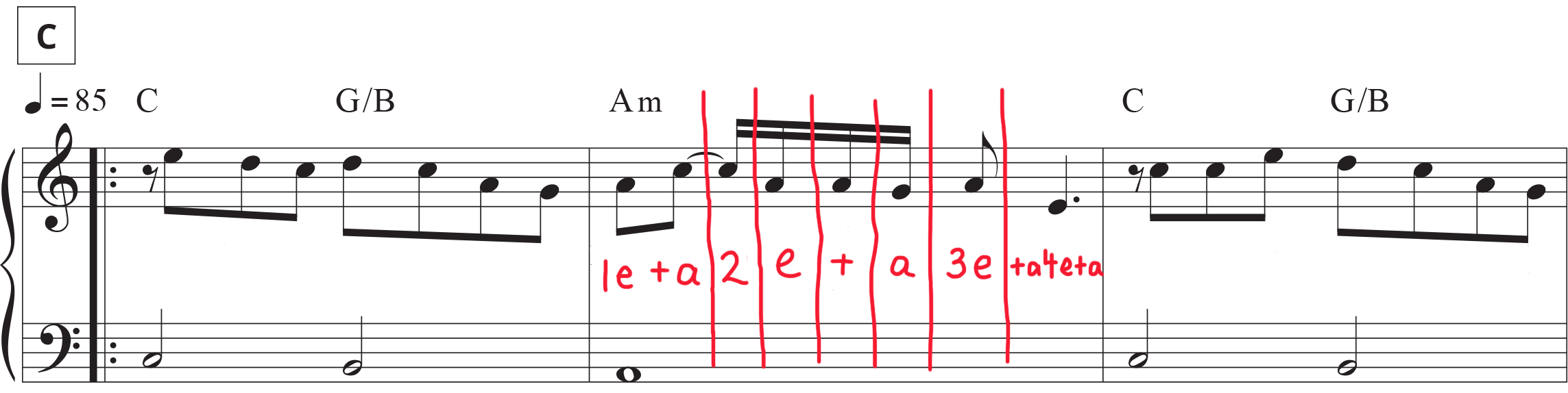 Section C Stairway to Heaven sheet music with counting mark-up of sixteenth notes.