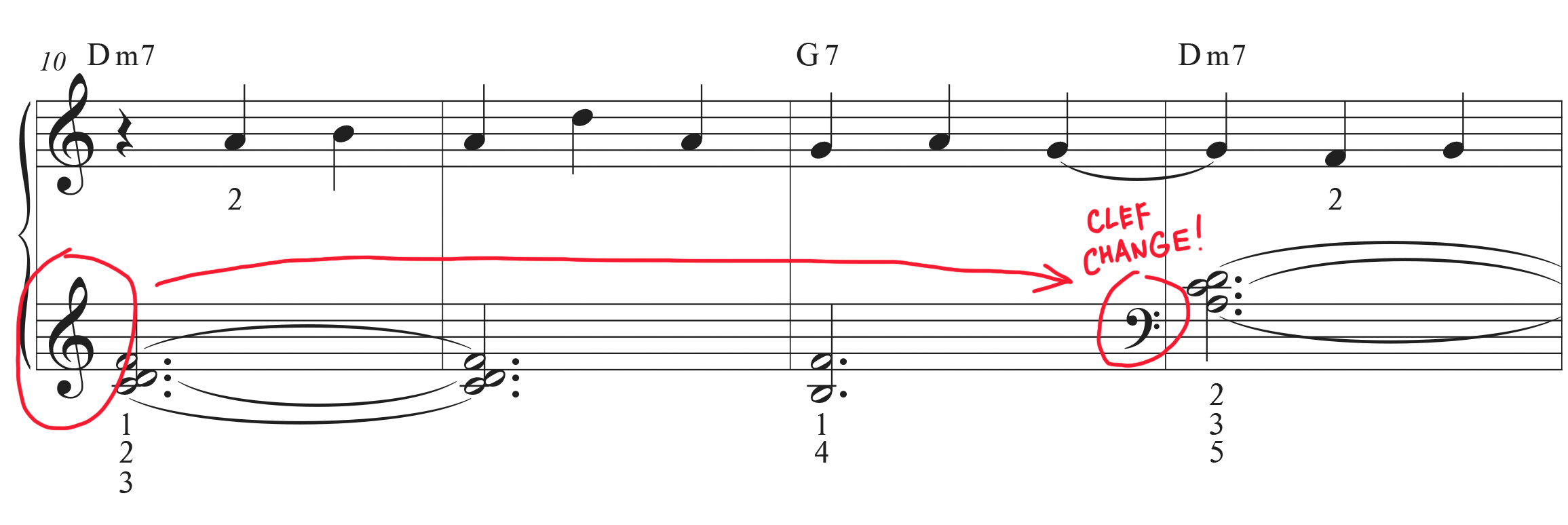 Easy sheet music for Clair de. Lune with clef change in measure 13 highlighted in red.