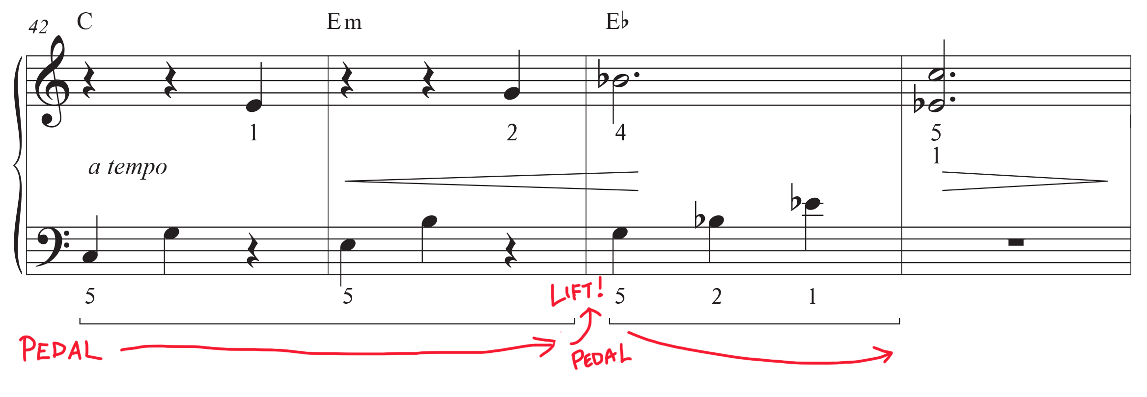 Easy sheet music for Clair de Lune with pedal markings highlighted with red arrows and where they start and end.