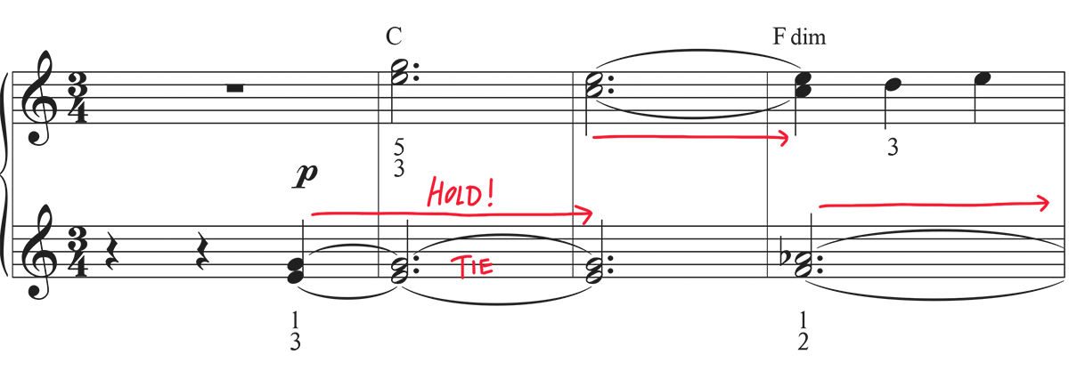 Beginning of easy sheet music for Clair de Lune with ties marked up with red arrows.