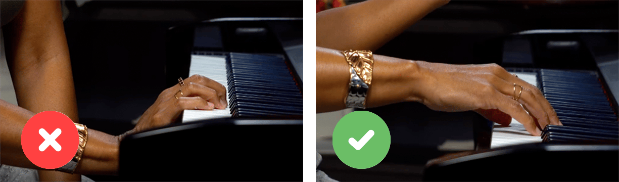 Pictures side by side of drooping wrist at piano with red x (left) and raised wrist with green checkmark (right).