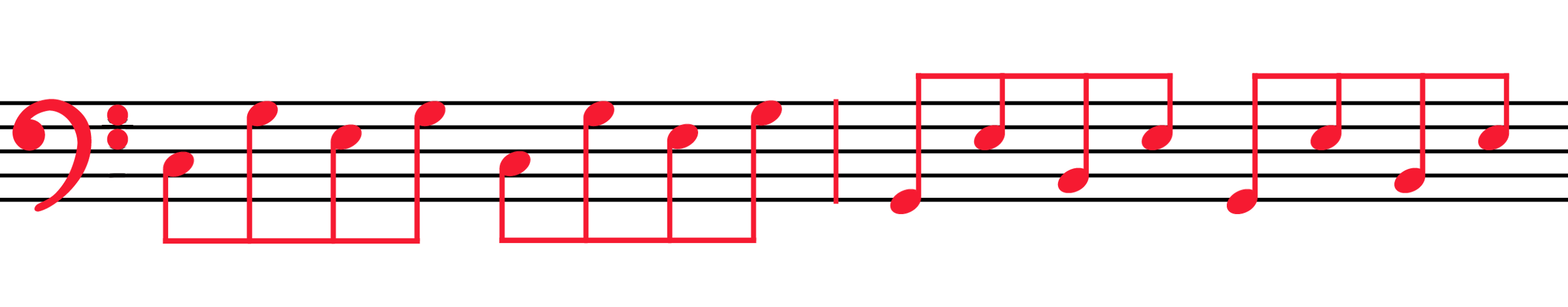 Alberti bass pattern on bass clef: red eighth notes going C-G-E-G C-G-E-G then G-E-B-E G-E-B-E.