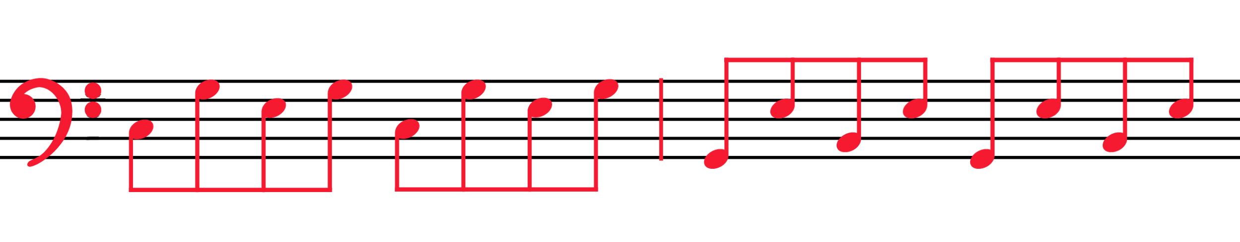 Alberti bass pattern on bass clef: red eighth notes going C-G-E-G C-G-E-G then G-E-B-E G-E-B-E.