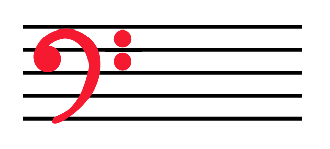 Red bass clef on five black lines, with two dots hugging second line from top.