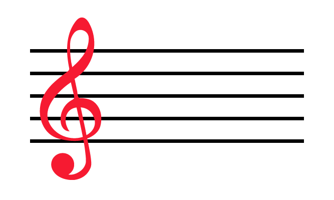 Red treble clef on five black lines, with curl around second line from bottom.
