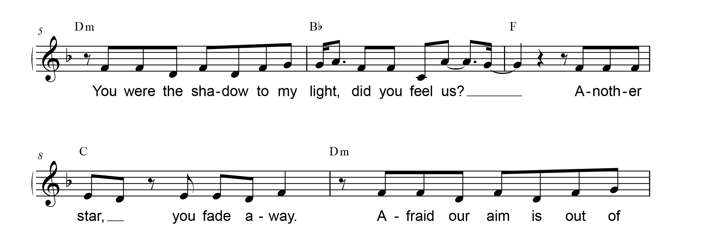 Pop piano songs: lead sheet example - notated melody with. lyrics and chord symbols on top.